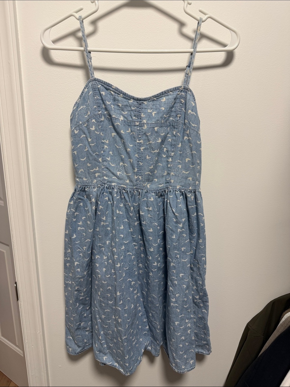 Light Blue Printed Sundress with White Bird Motif